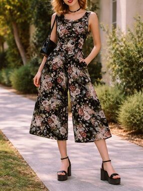 Vintage 90s Floral Culotte Jumpsuit Basque Waist Tie Back Cottage Boho Grunge